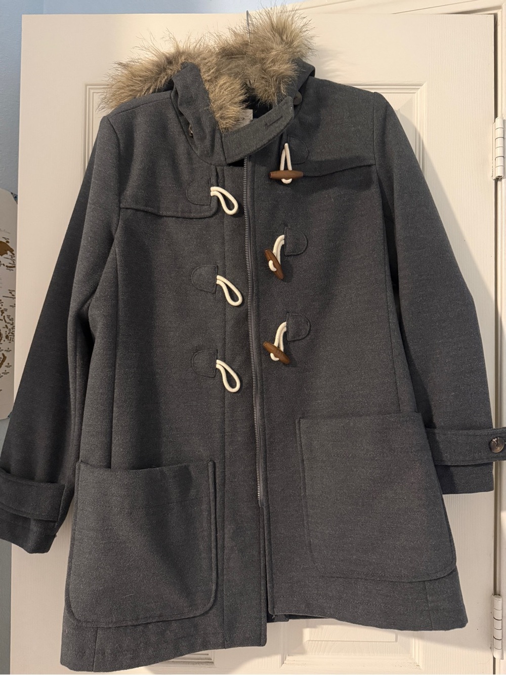 Old Navy Charcoal Gray Hooded Toggle Pea Coat with Faux Fur Trim
